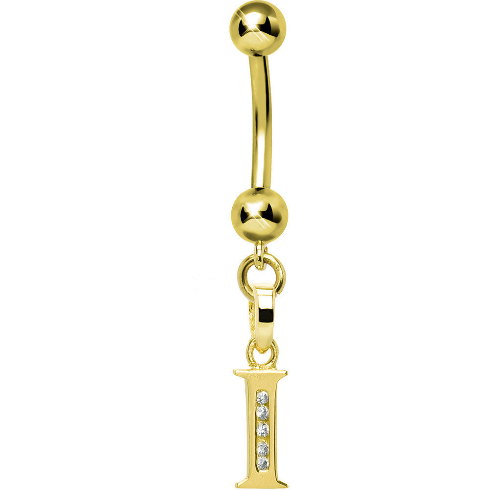 16G Solid 14k Yellow Gold CZ Initial I Belly Ring
