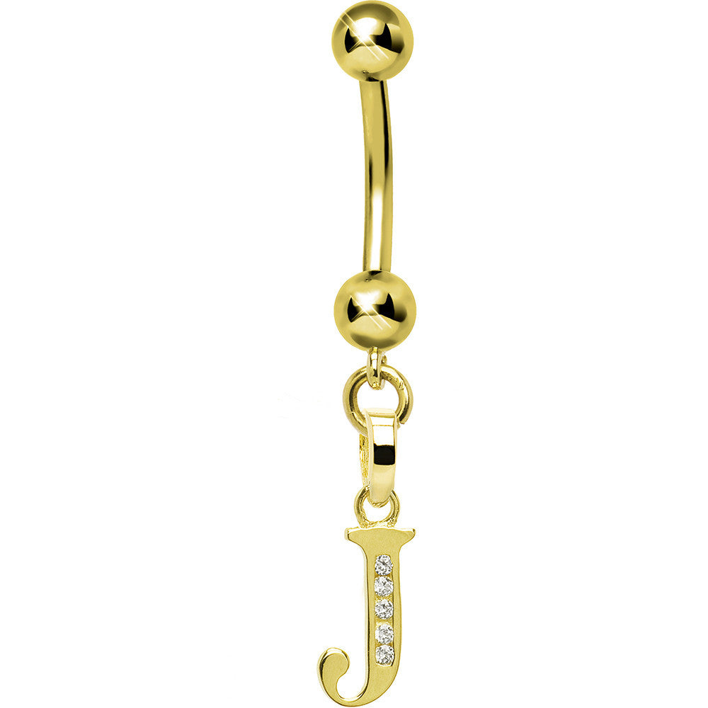 Solid 14kt Yellow Gold CZ Initial J Belly Ring