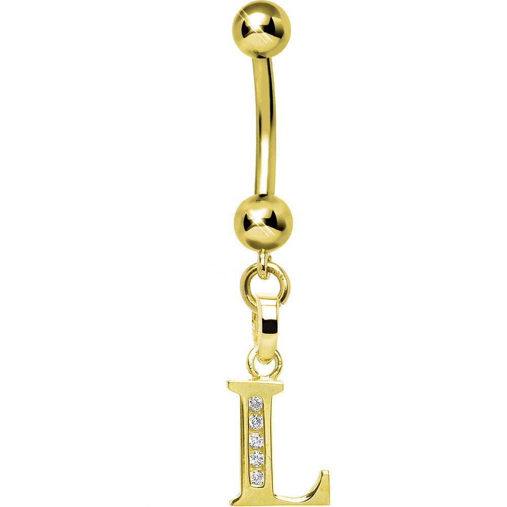 16G Solid 14k Yellow Gold CZ Initial L Belly Ring