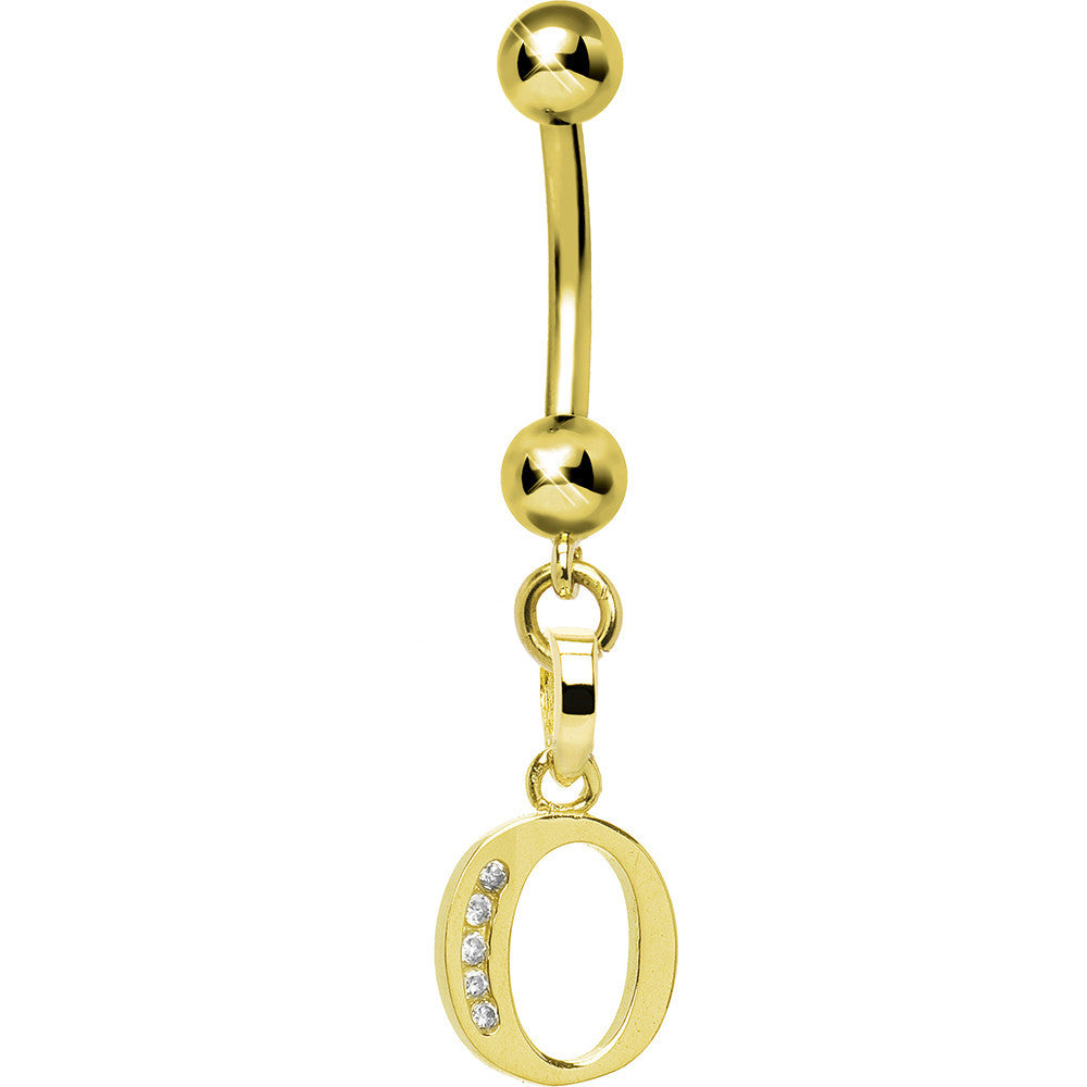 Solid 14kt Yellow Gold CZ Initial O Belly Ring