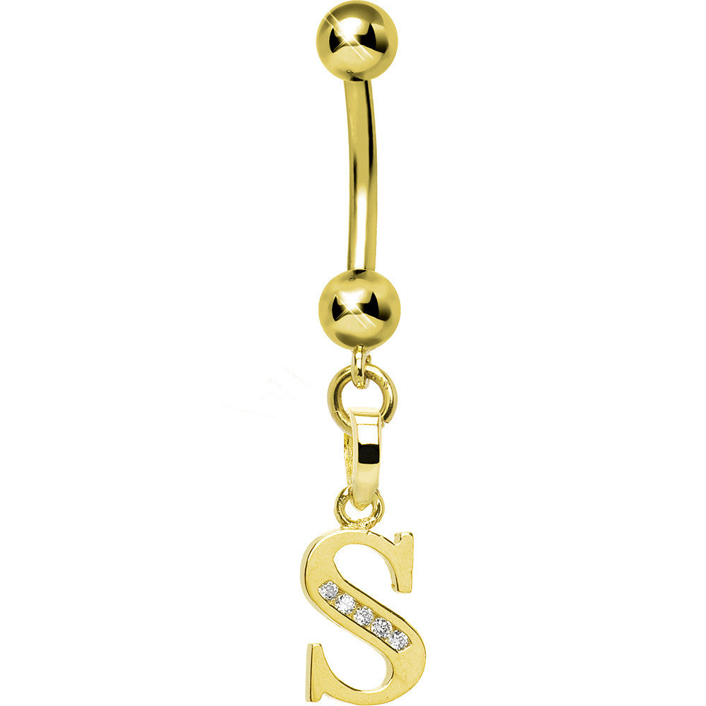 16G Solid 14k Yellow Gold CZ Initial S Belly Ring