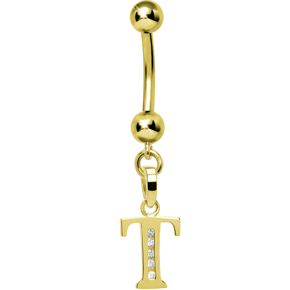 Solid 14kt Yellow Gold CZ Initial T Belly Ring