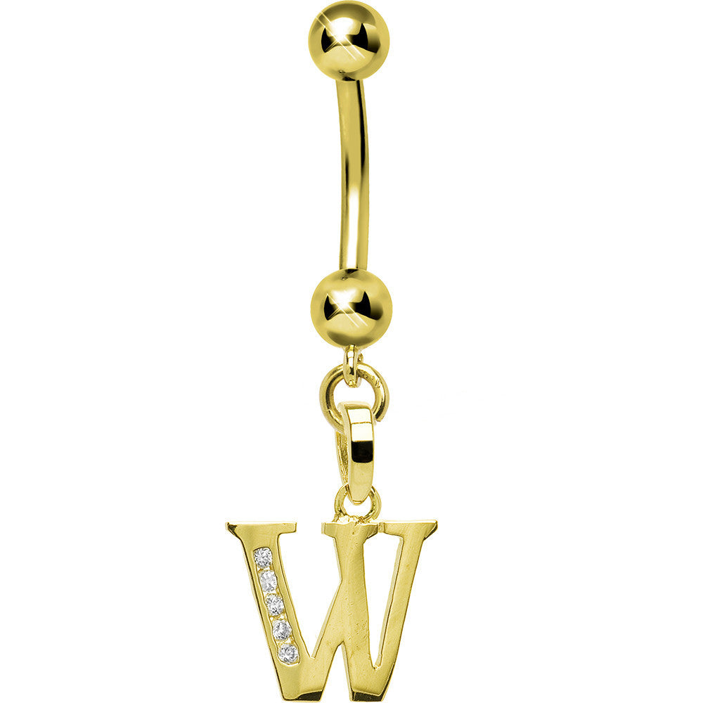 Solid 14kt Yellow Gold CZ Initial W Belly Ring