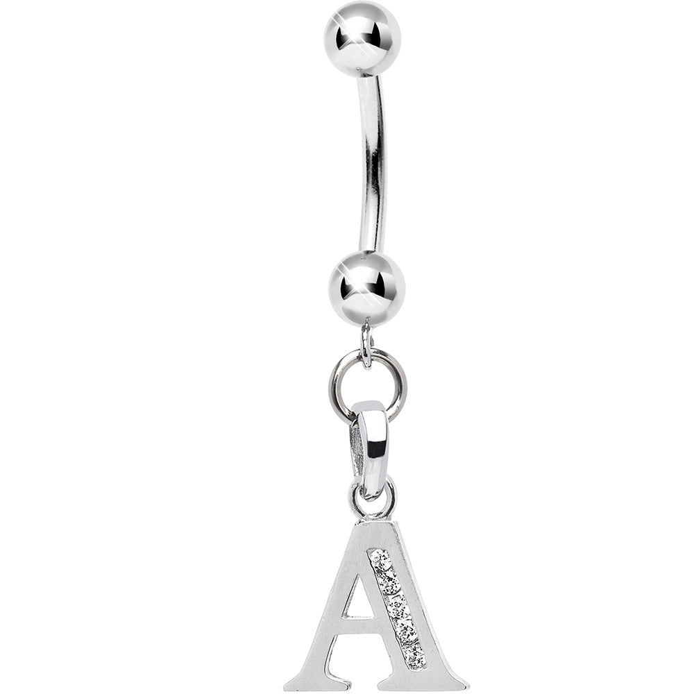 Solid 14kt White Gold CZ Initial A Belly Ring