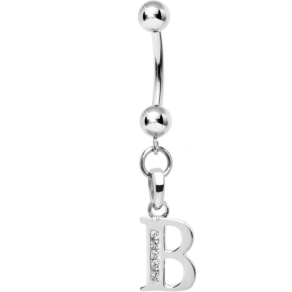 Solid 14kt White Gold CZ Initial B Belly Ring