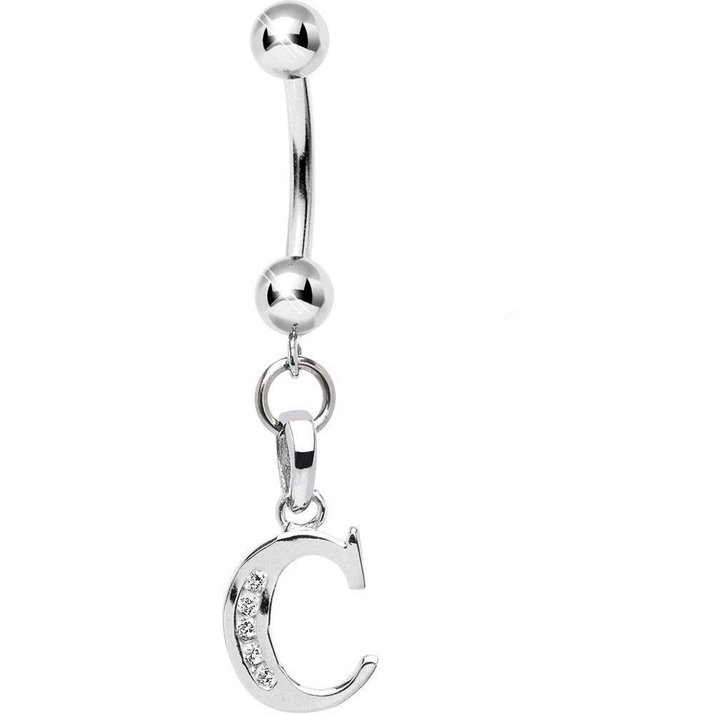 Solid 14kt White Gold CZ Initial C Belly Ring