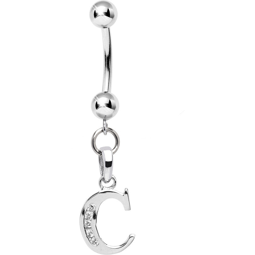 16G Solid 14k White Gold CZ Initial C Belly Ring
