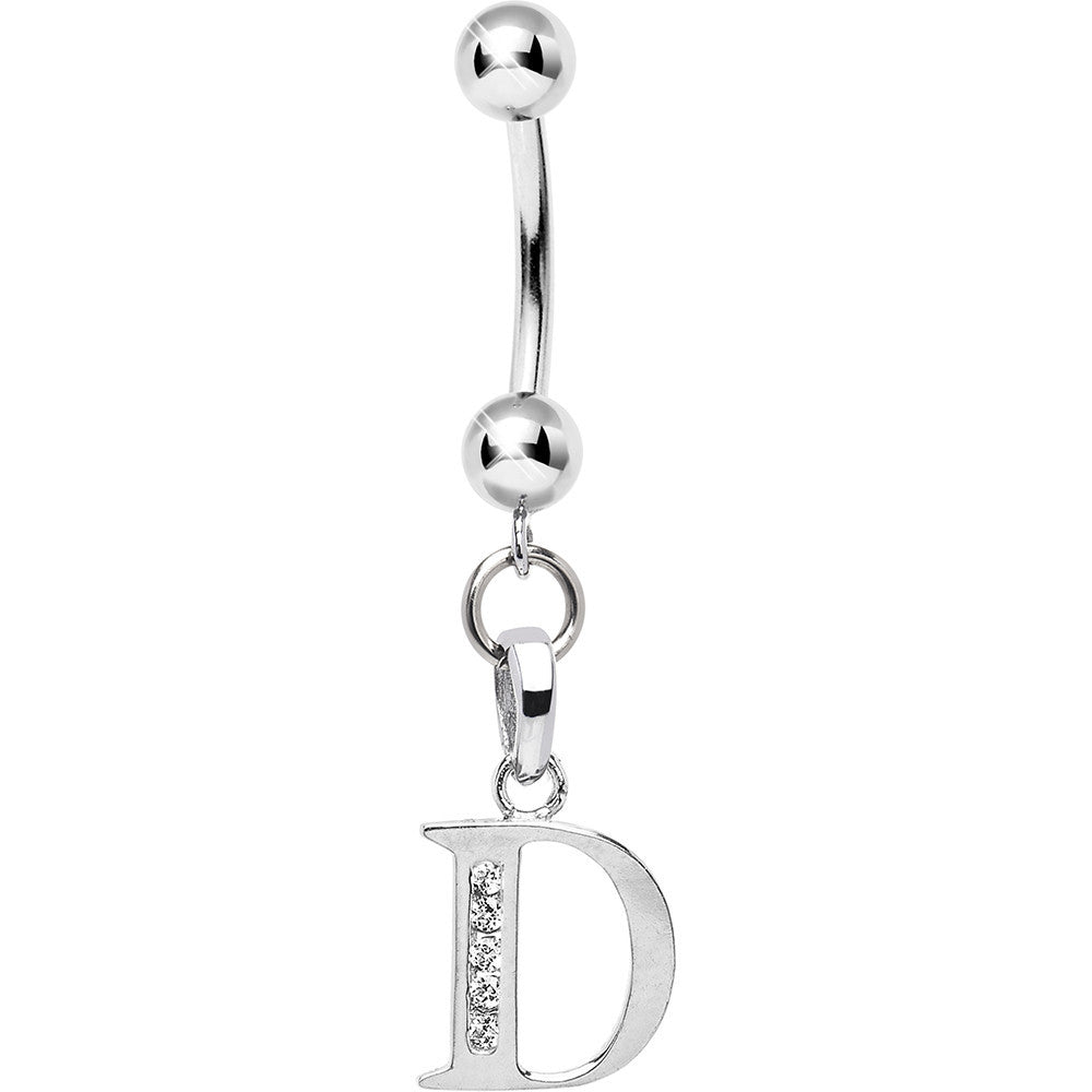 Solid 14kt White Gold CZ Initial D Belly Ring