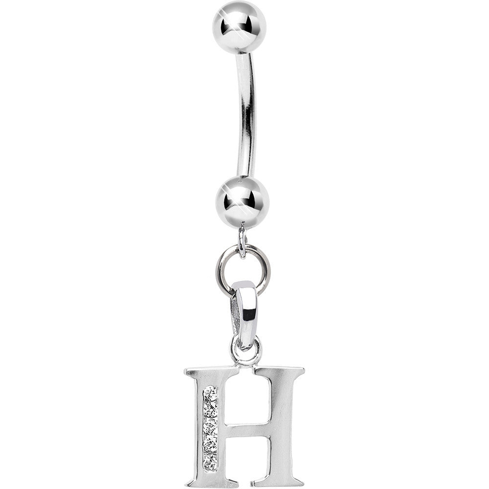 Solid 14kt White Gold CZ Initial H Belly Ring