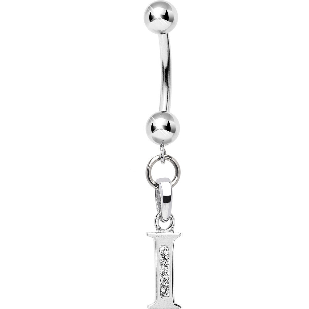 Solid 14kt White Gold CZ Initial I Belly Ring