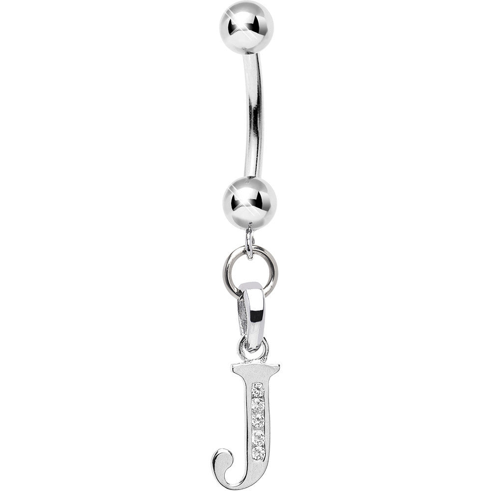 Solid 14kt White Gold CZ Initial J Belly Ring