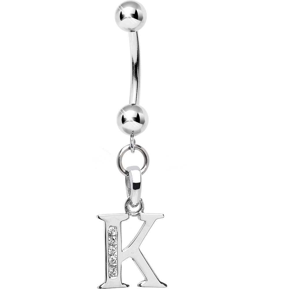 Solid 14kt White Gold CZ Initial K Belly Ring