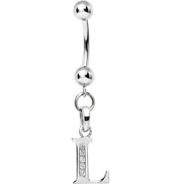 Solid 14kt White Gold CZ Initial L Belly Ring