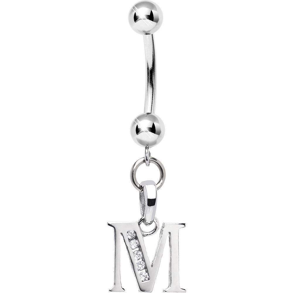 Solid 14kt White Gold CZ Initial M Belly Ring