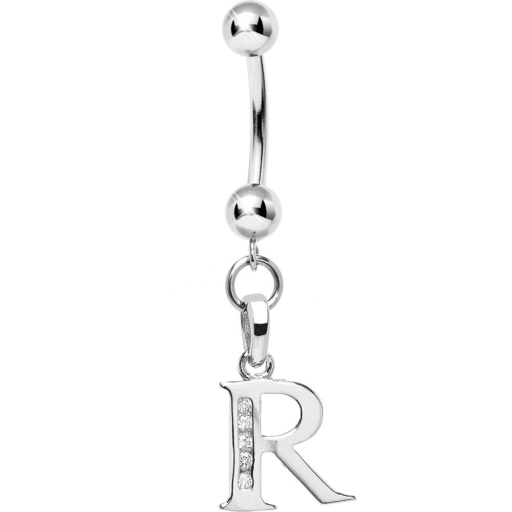 Solid 14kt White Gold CZ Initial R Belly Ring
