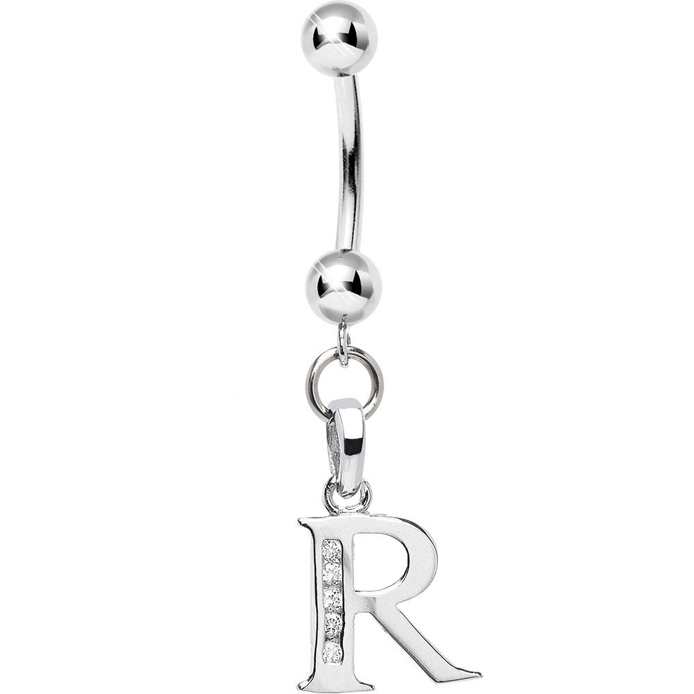16G Solid 14k White Gold CZ Initial R Belly Ring