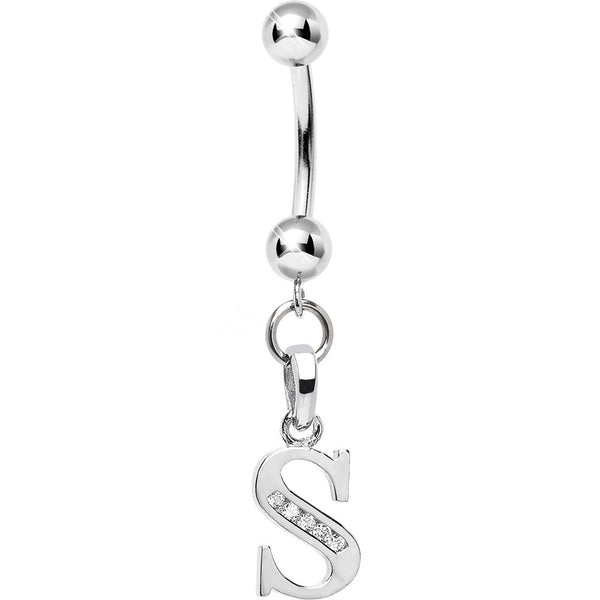Solid 14kt White Gold CZ Initial S Belly Ring