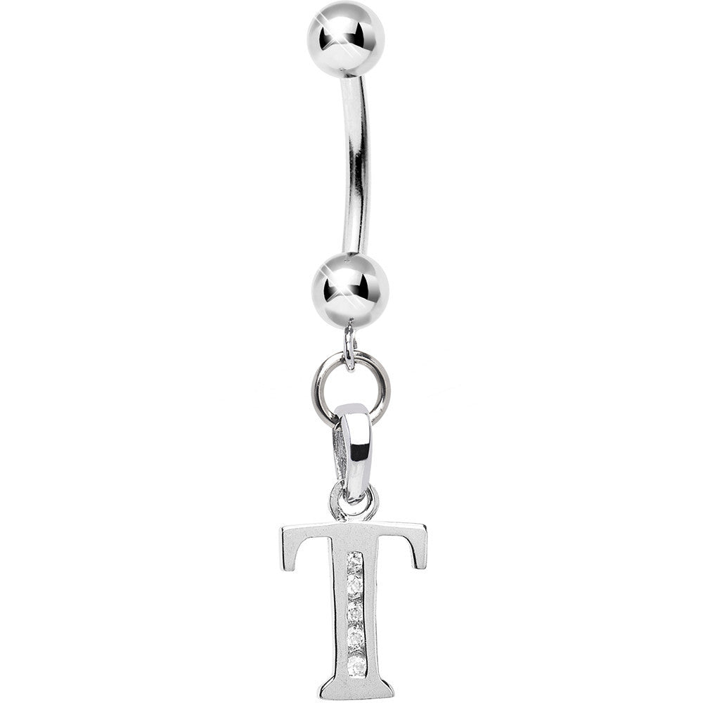 Solid 14kt White Gold CZ Initial T Belly Ring