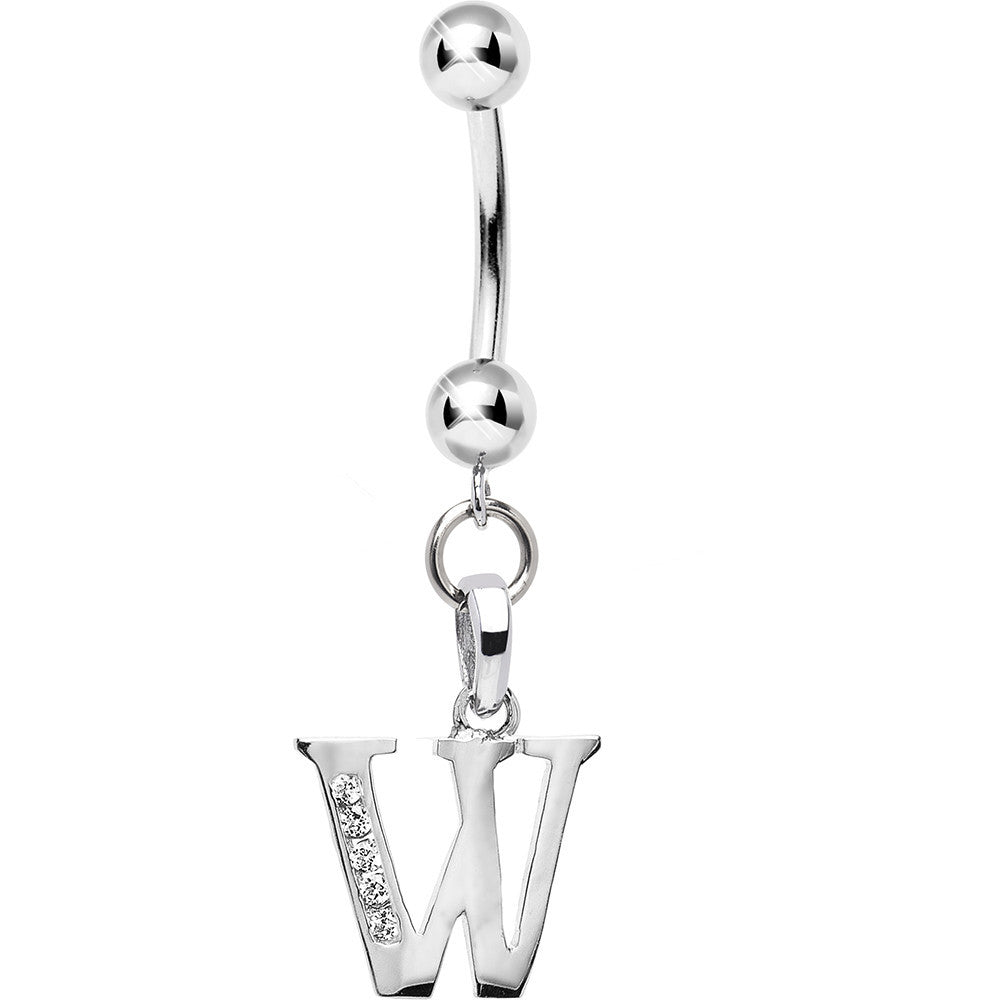 16G Solid 14k White Gold CZ Initial W Belly Ring