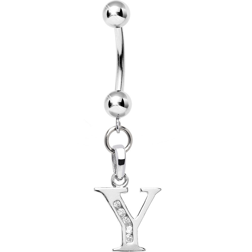 16G Solid 14k White Gold CZ Initial Y Belly Ring