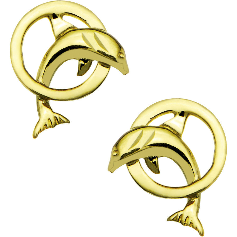 14k Yellow Gold Hoop Dolphin Stud Earrings