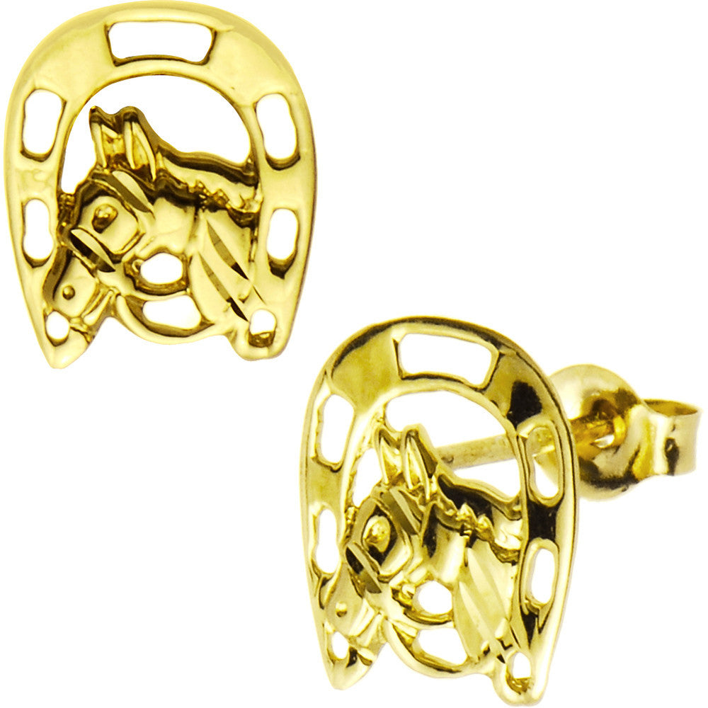 14kt Yellow Gold Horseshoe Horse Stud Earrings