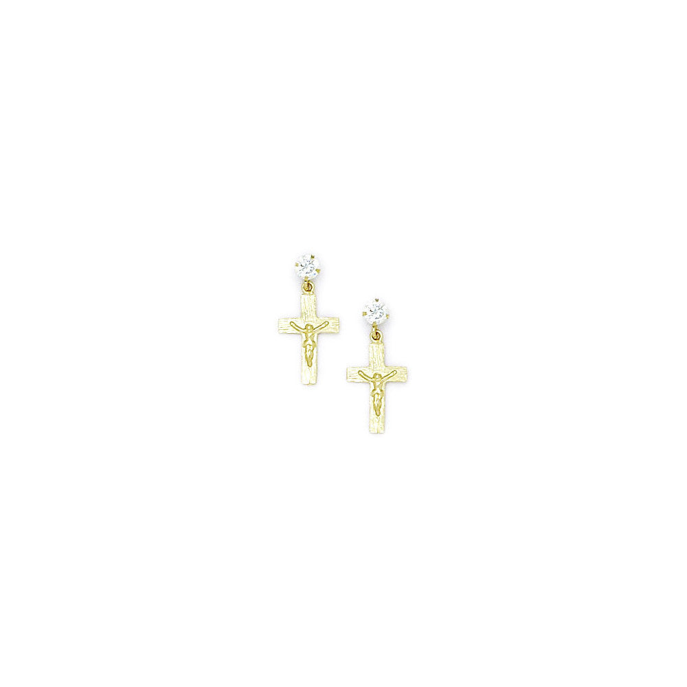 14kt Yellow Gold CZ Dangle Religious Cross Stud Earrings