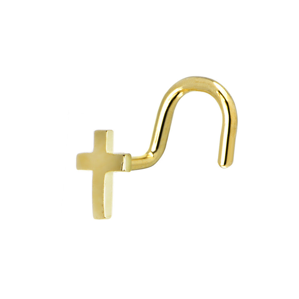 Solid 14KT Yellow Gold Cross Nose Screw Ring