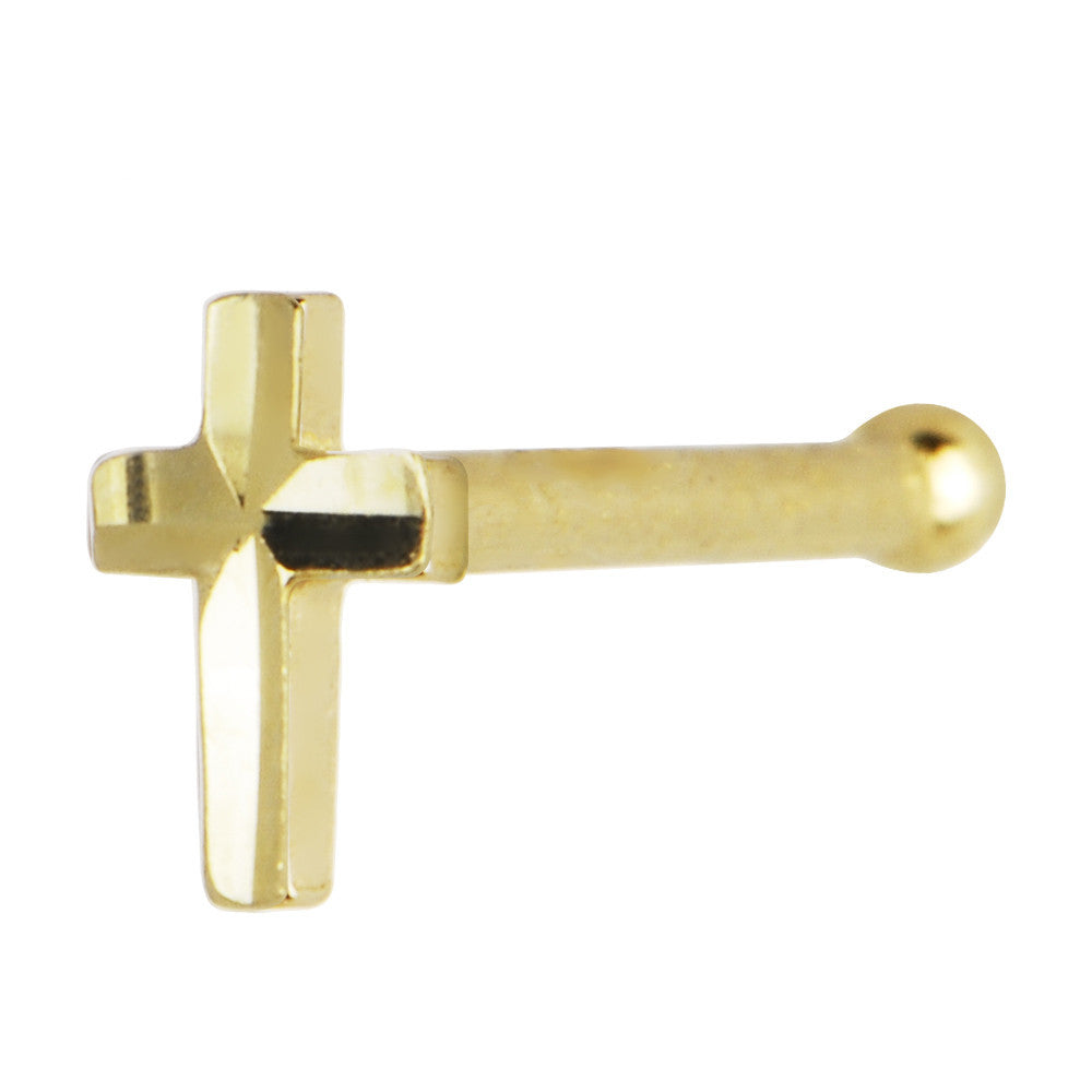 Solid 14K Yellow Gold Raised Cross Nose Bone