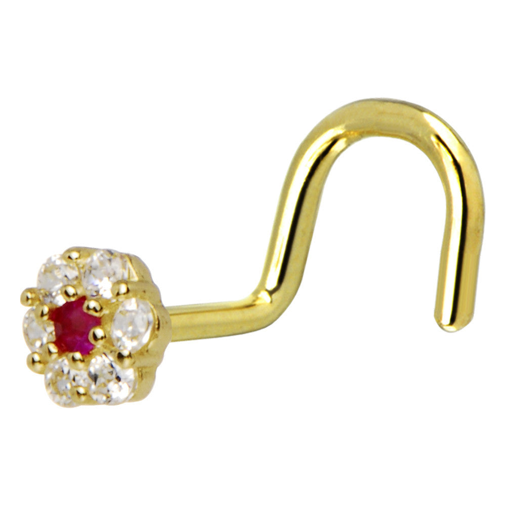 Solid 14KT Yellow Gold Clear Red CZ Flower Nose Screw Ring