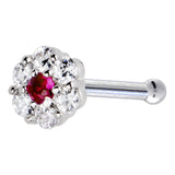 Solid 14KT White Gold Red Clear CZ Flower Nose Bone