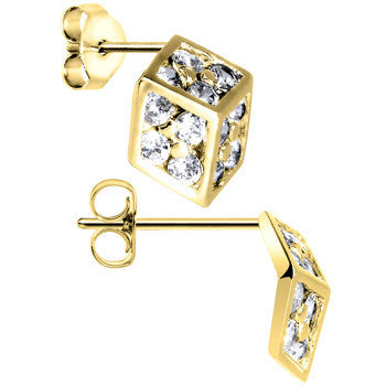 14k Yellow Gold CZ 10mm Dice Stud Earrings