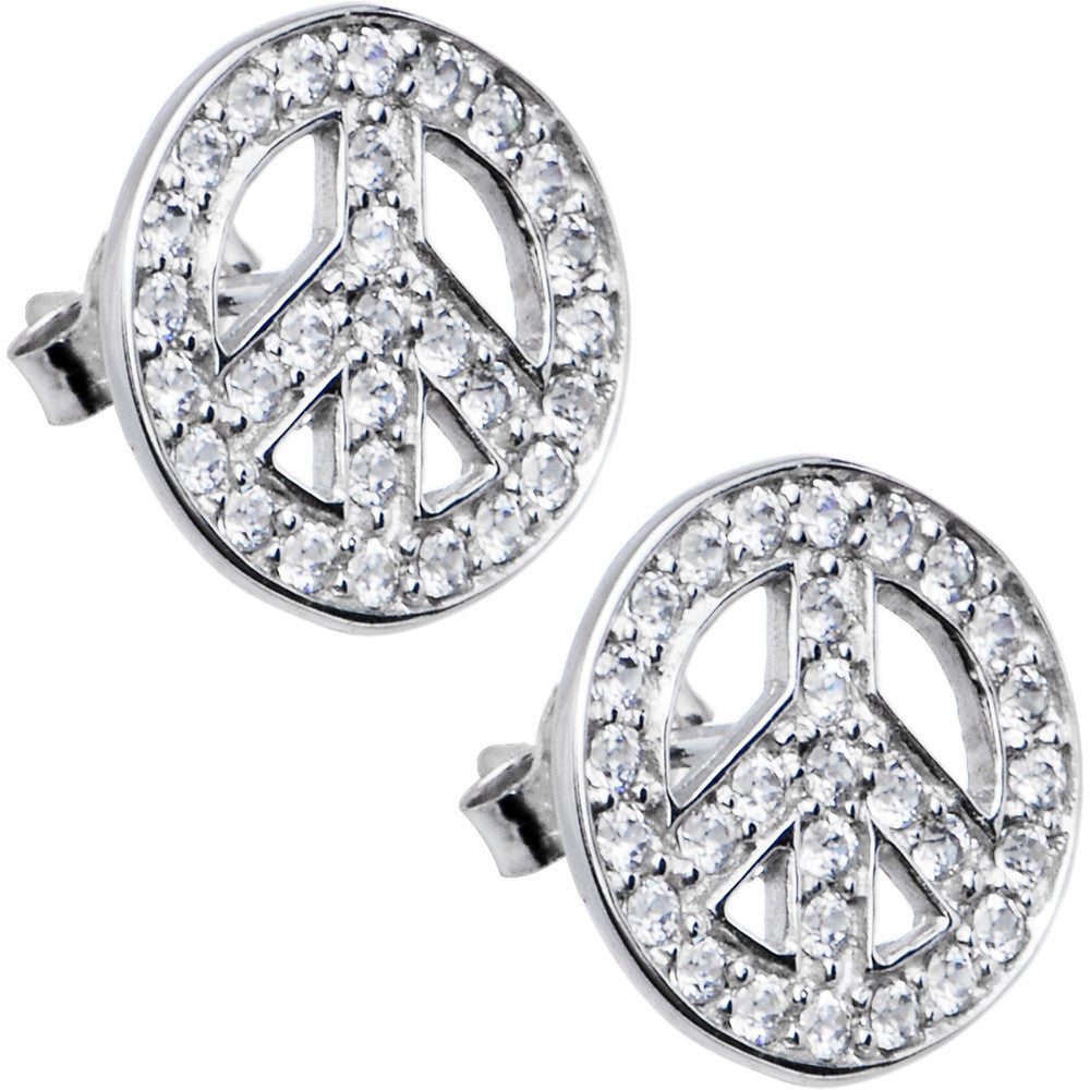 14kt White Gold CZ Paved Peace Sign Stud Earrings