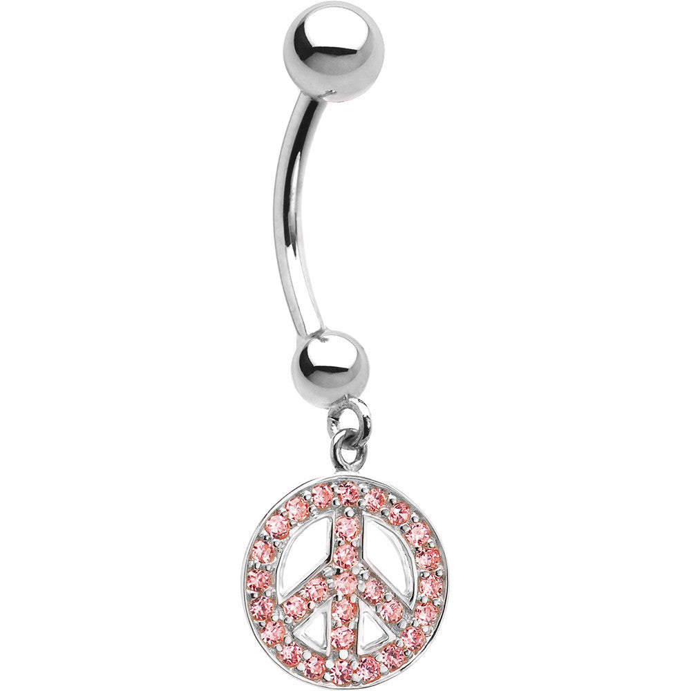 14kt White Gold  Pink CZ Peace Sign Belly Ring