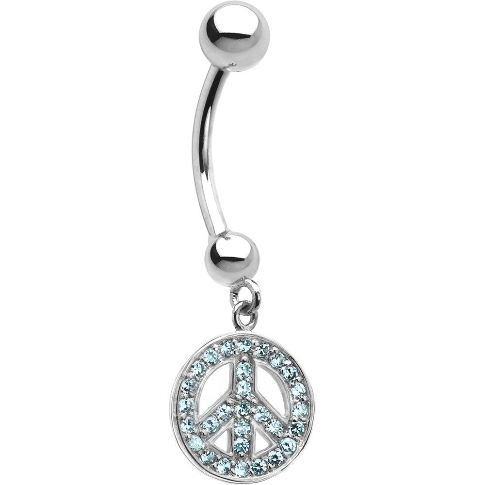 14kt White Gold  Aqua CZ Peace Sign Belly Ring