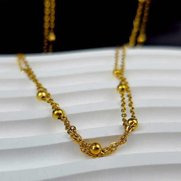 Stainless Steel Gold Tone PVD Ball Station Necklace Satellite Chain Double Necklace