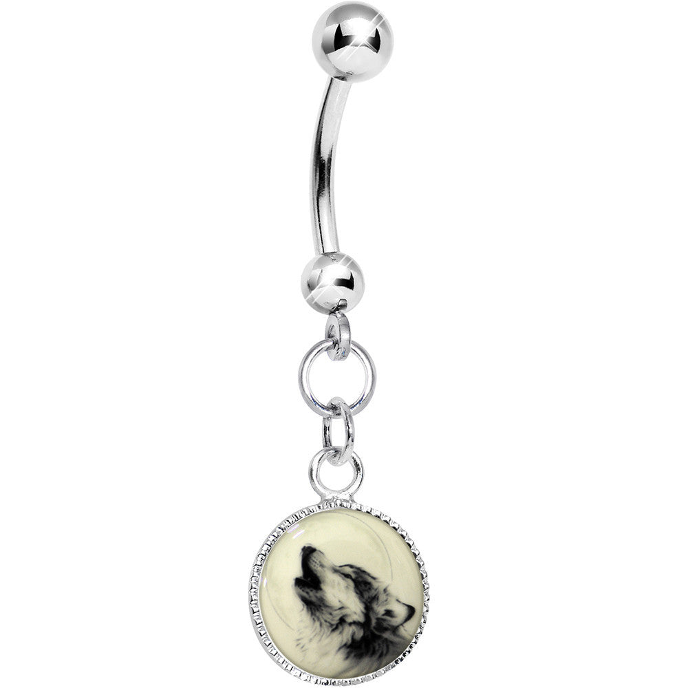 Glow in the Dark Howling Wolf Dangle Hypoallergenic Stainless Steel Belly Ring