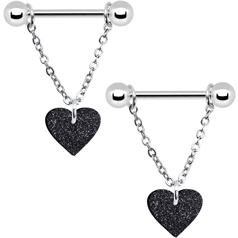 Black Glitter Heart Chain Dangle Nipple Ring Set