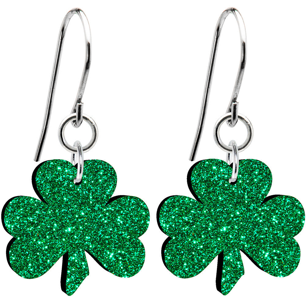 Stainless Steel Fishhook Green Glitter Luck Clover Irish Shamrock Earrings