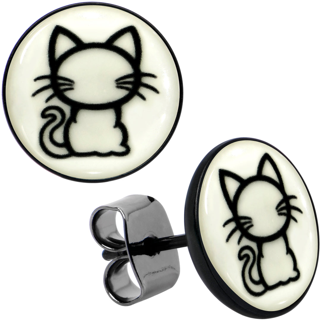 Black Anodized Kitty Cat Glow in the Dark Stud Earrings by Onyx O