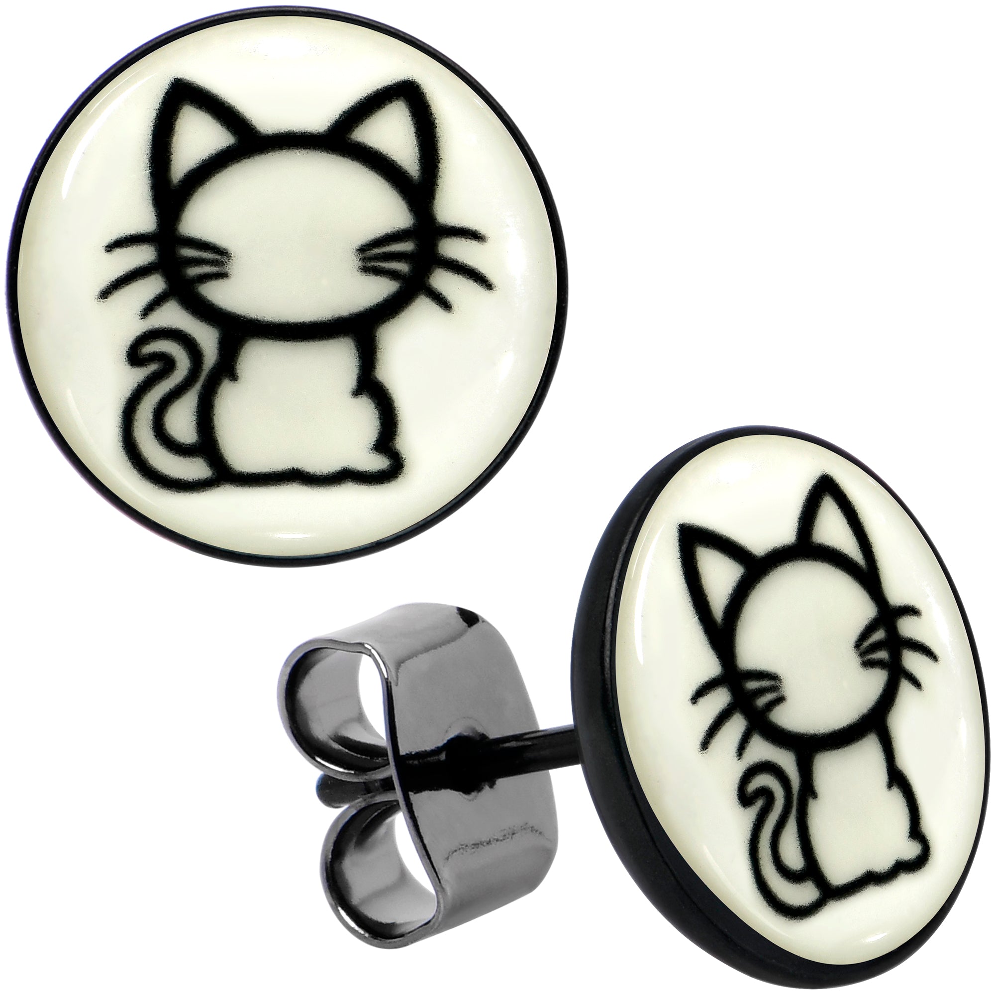 Black Anodized Kitty Cat Glow in the Dark Stud Earrings by Onyx O