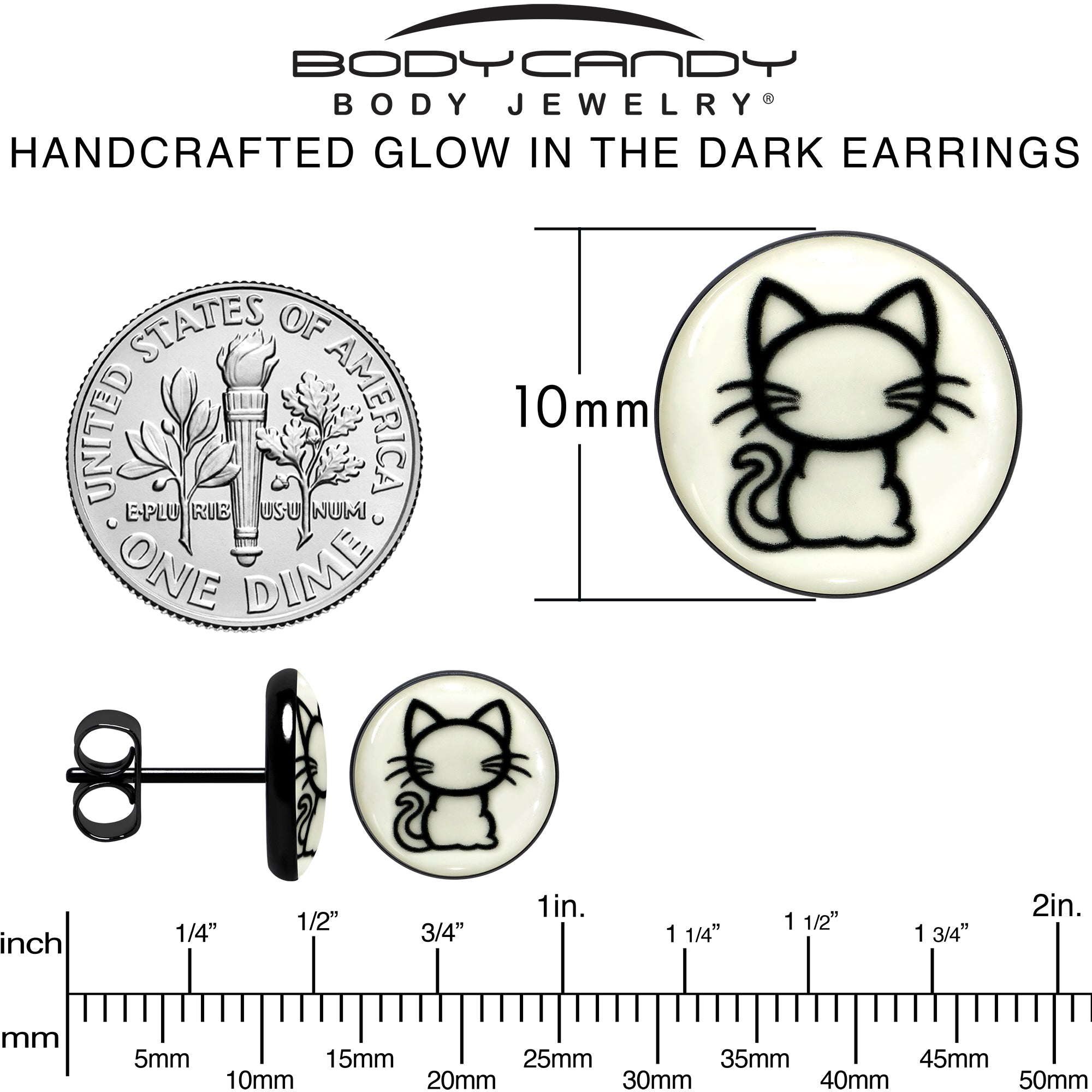 Black Anodized Kitty Cat Glow in the Dark Stud Earrings by Onyx O