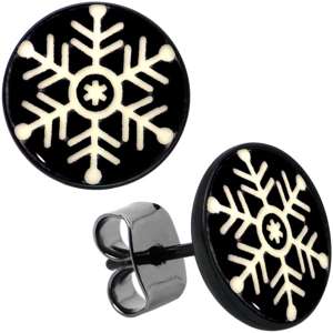 Black Anodized Glow in the Dark Holiday Snowflake Stud Earrings