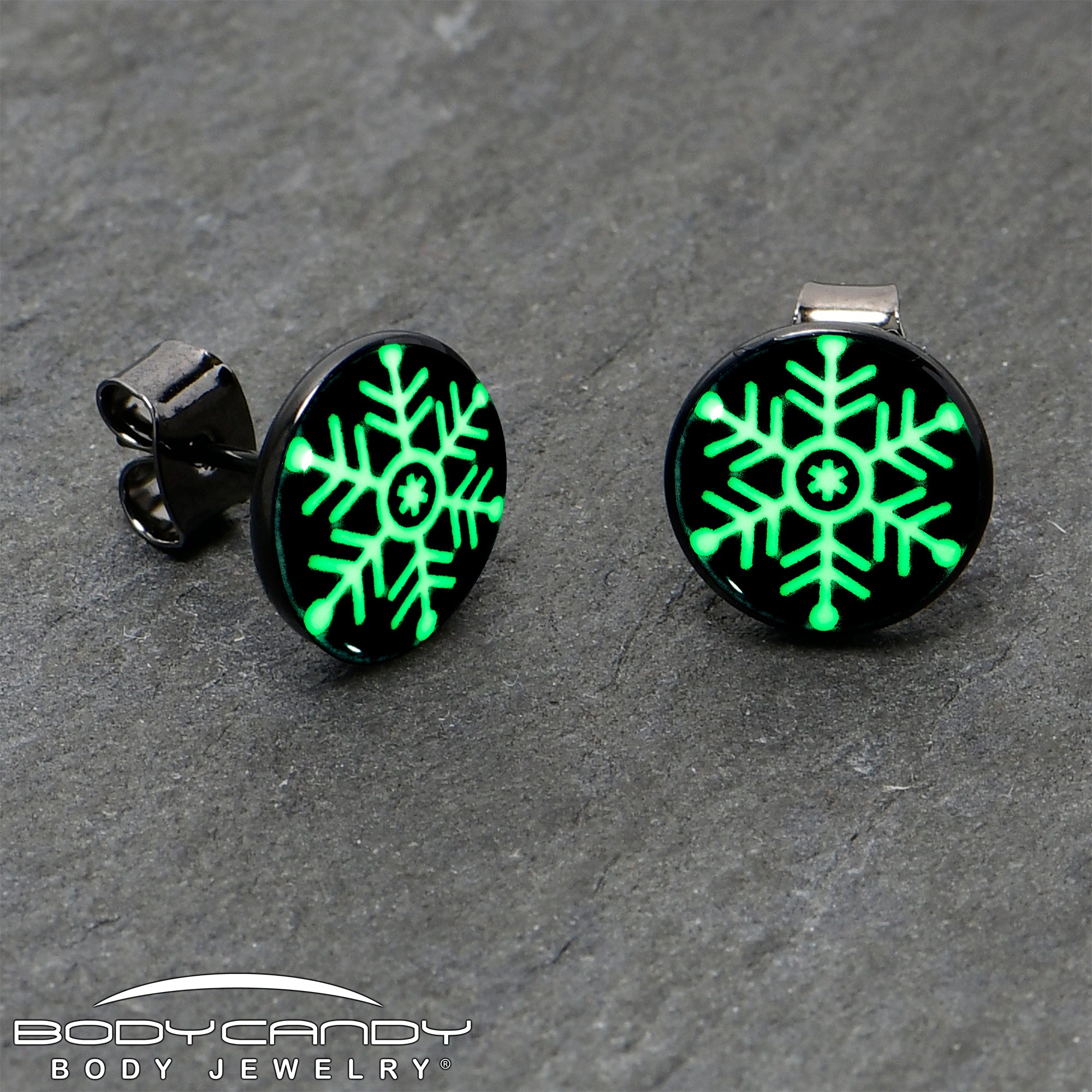 Black Anodized Glow in the Dark Holiday Snowflake Stud Earrings