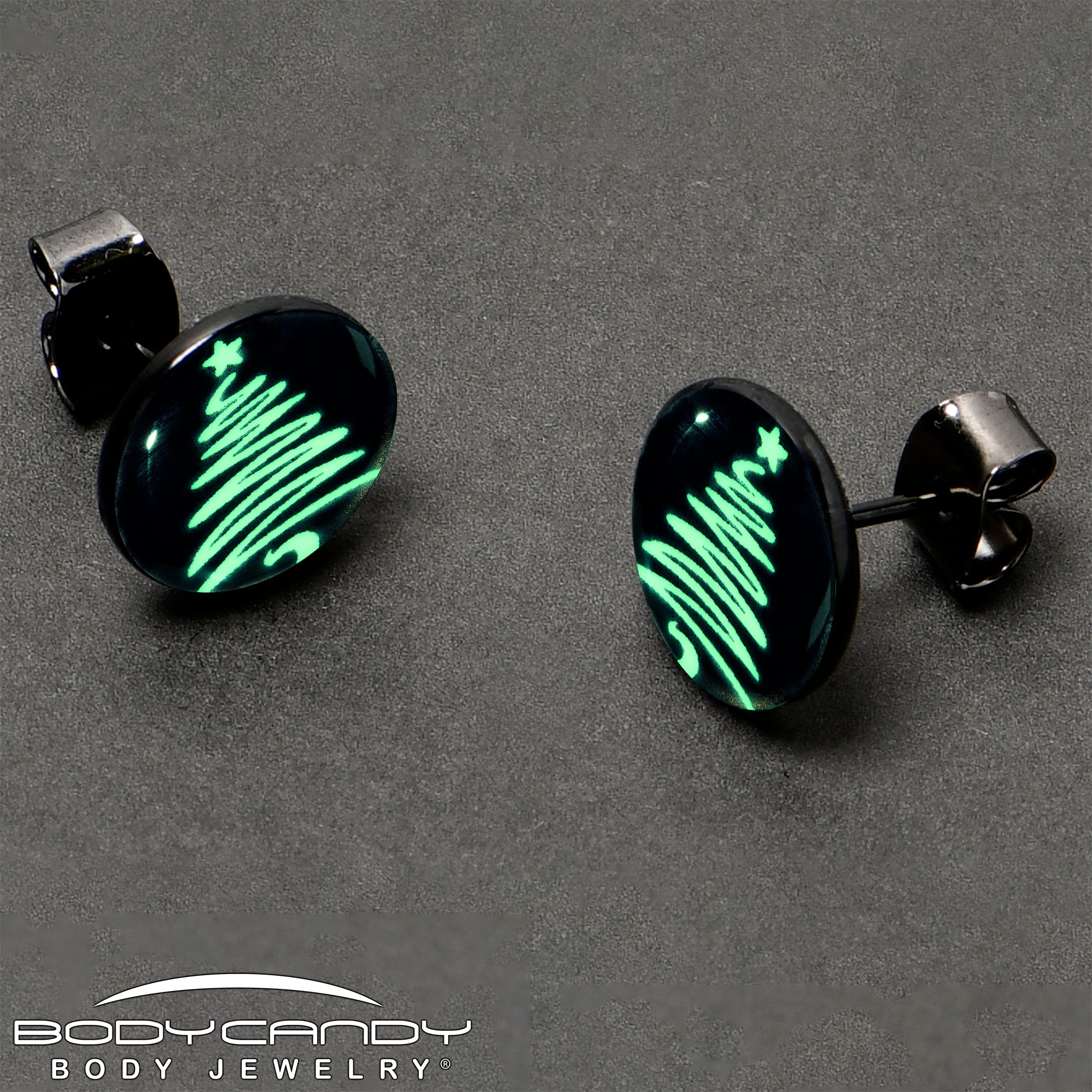 Black Anodized Glow in the Dark Holiday Christmas Tree Stud Earrings by Onyx O