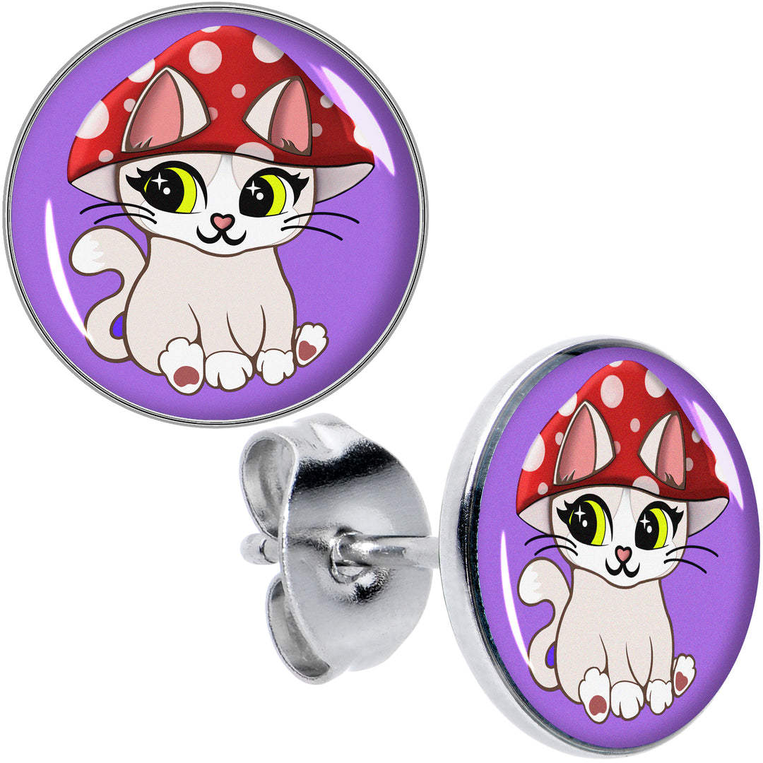 Polka Dot Mushroom Hat Cat Hypoallergenic Stainless Steel Stud Earrings
