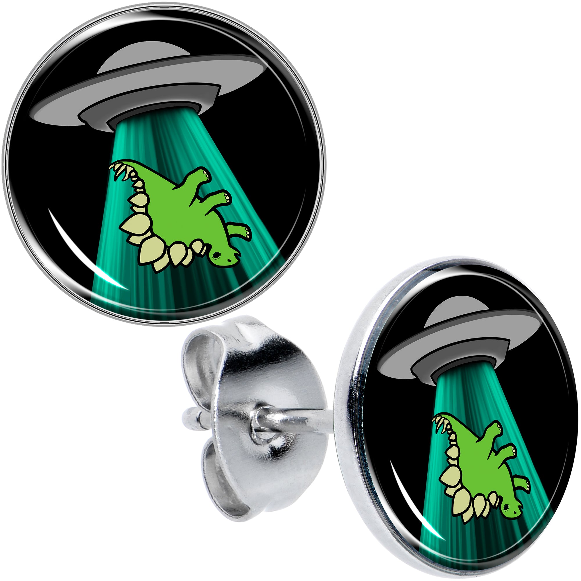 Alien UFO Dinosaur Abduction Stud Earrings Set