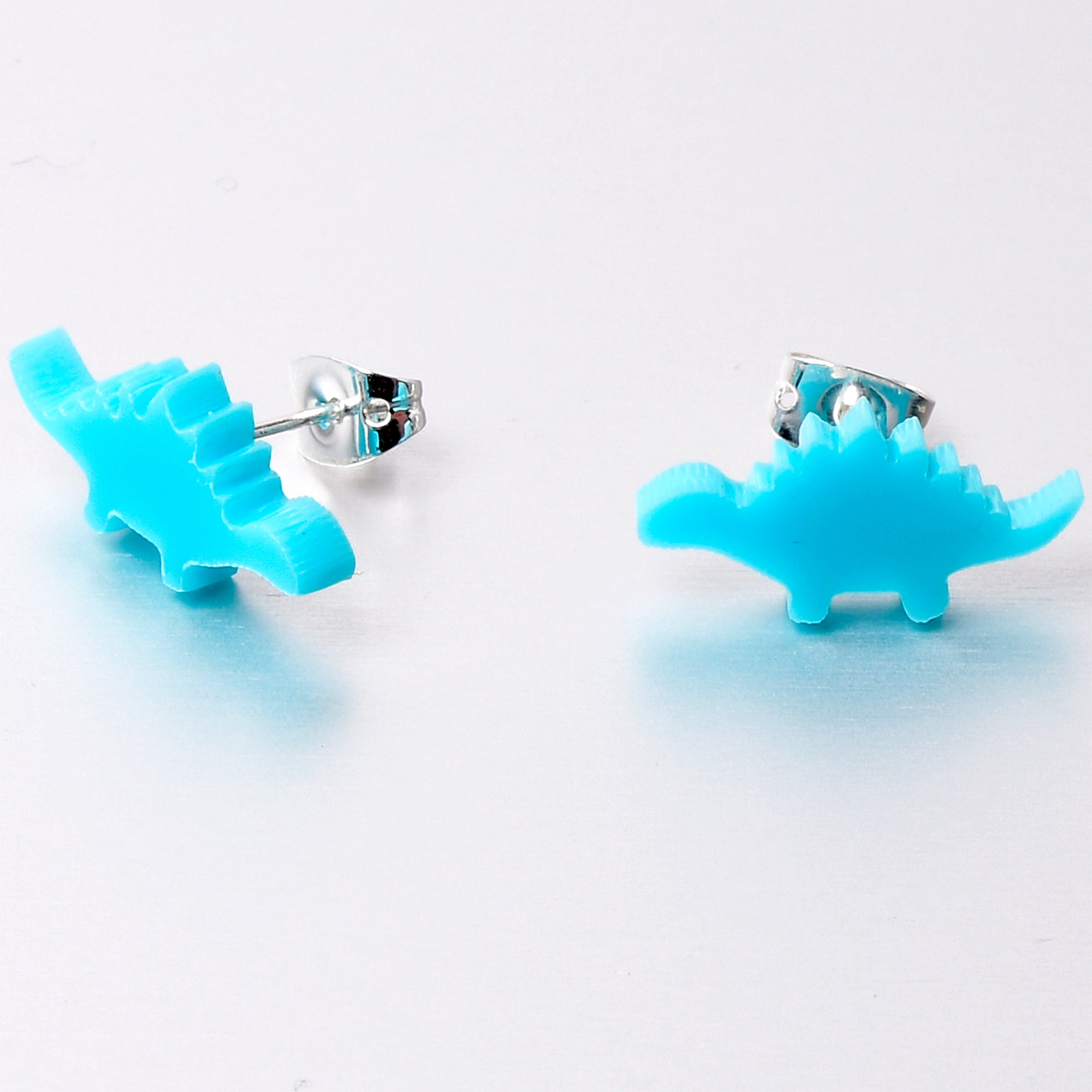 Blue Acrylic Stegosaurus Dinosaur Stud Earrings