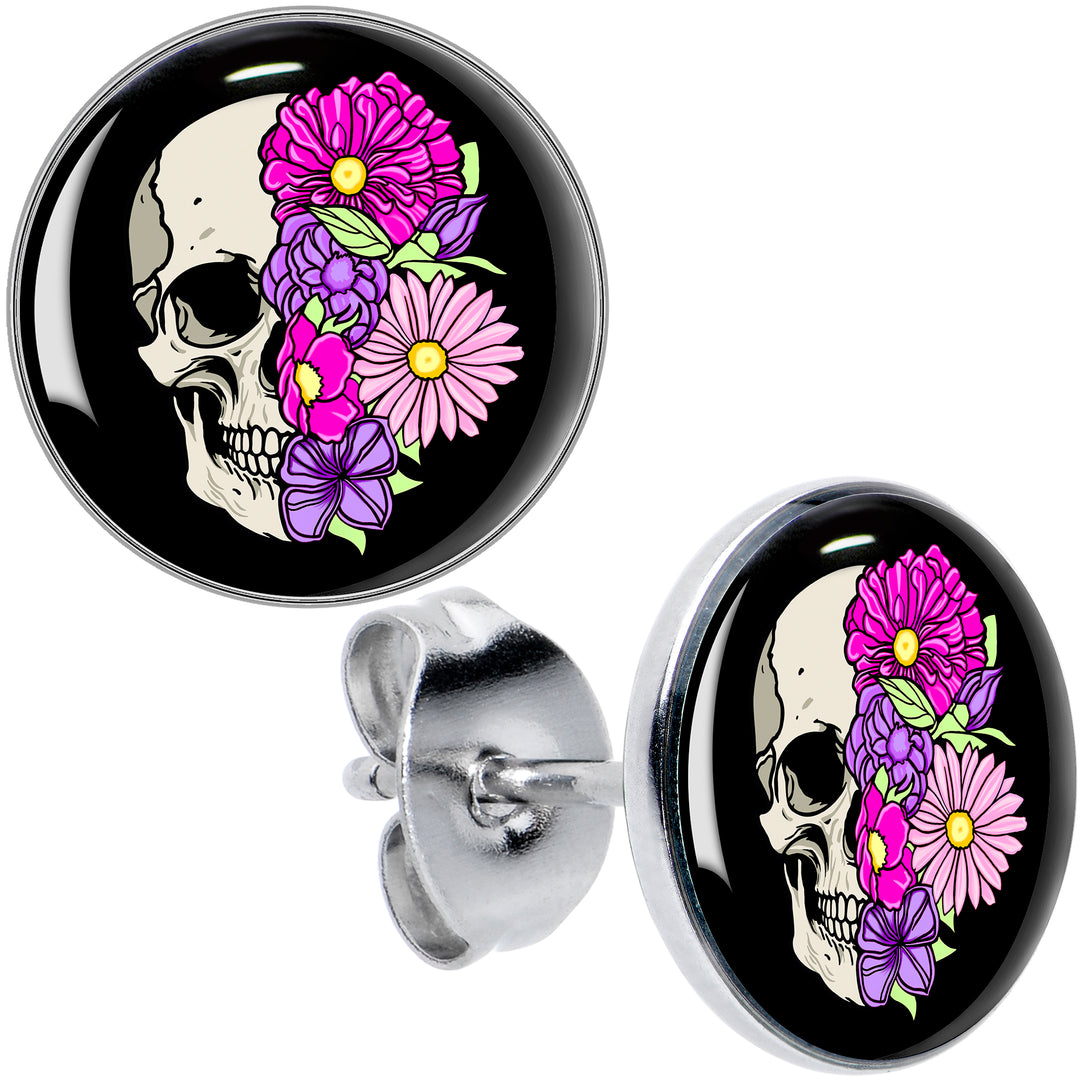 Floral Flowers Skull Hypoallergenic Stainless Steel Stud Earrings