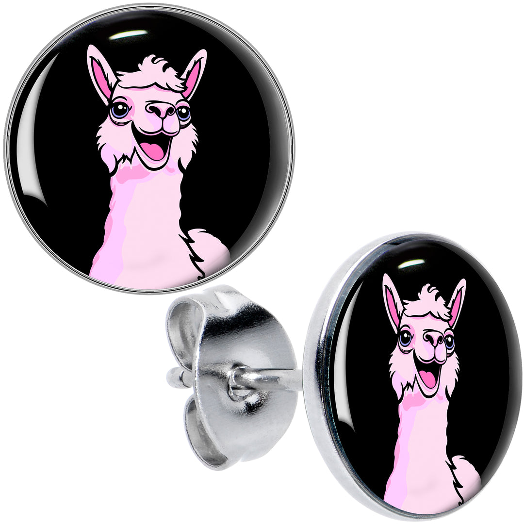 Pink Happy Llama Hypoallergenic Stainless Steel Stud Earrings
